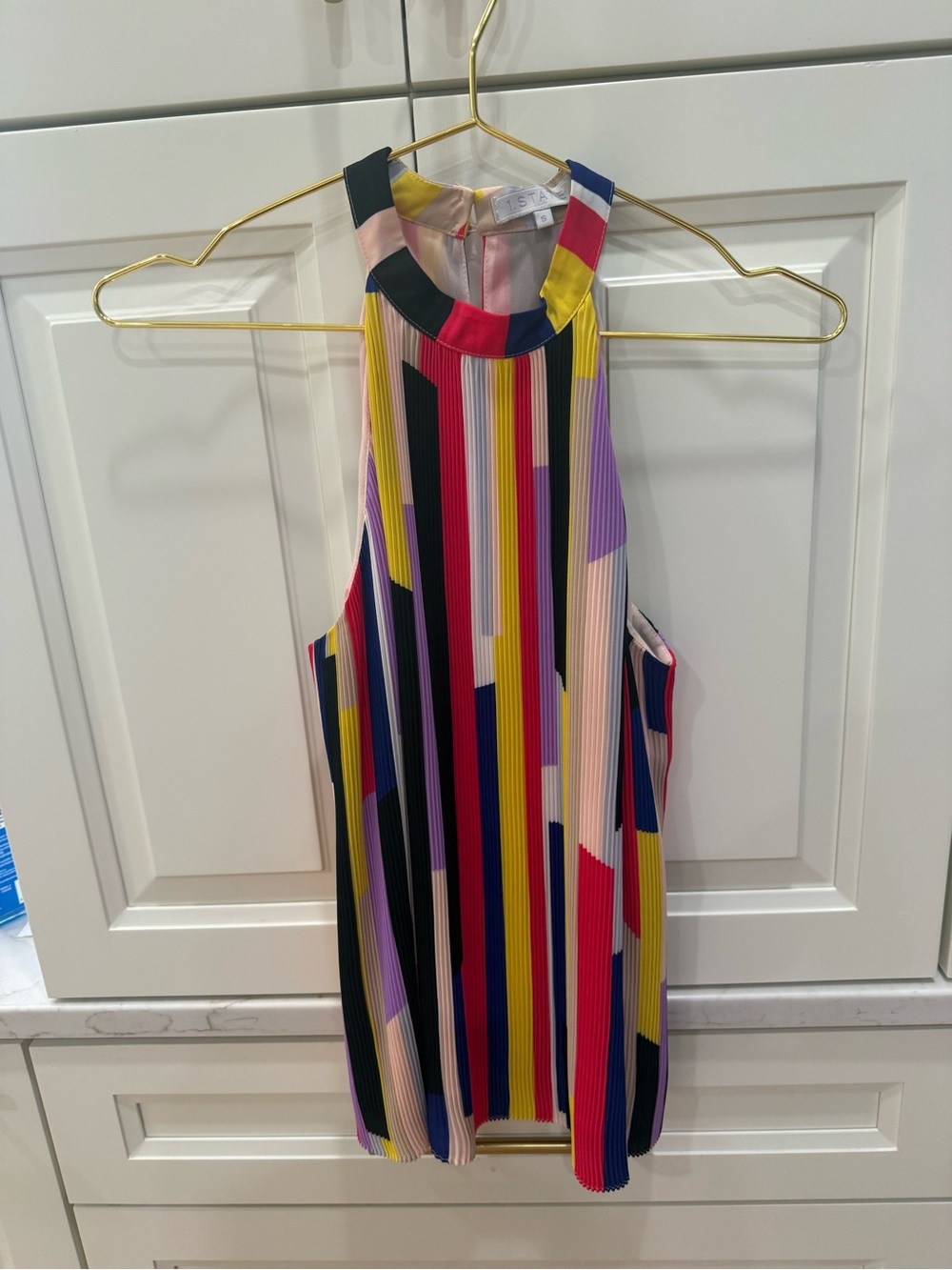 1. State Multicolor Vertical Stripe Halter Dress with Yellow